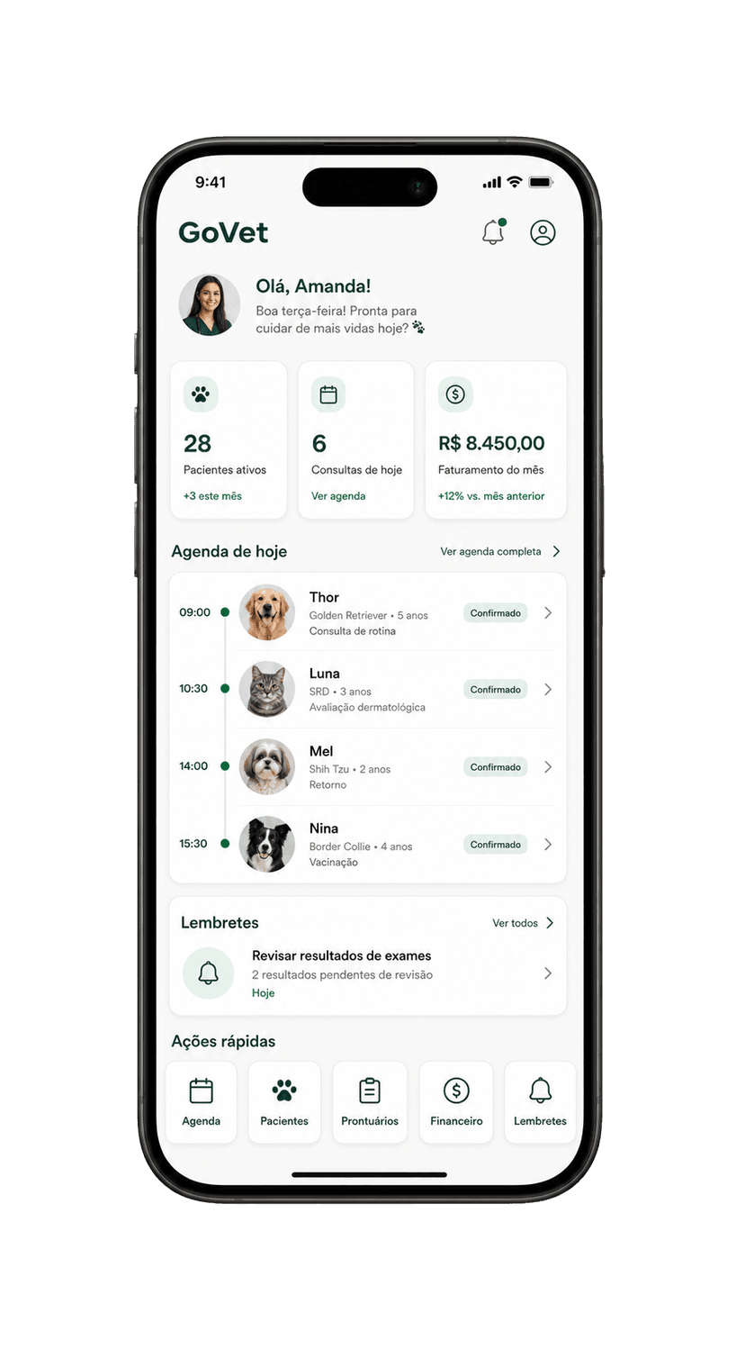 Dashboard GoVet com saudação Olá Amanda, agenda e ações rápidas