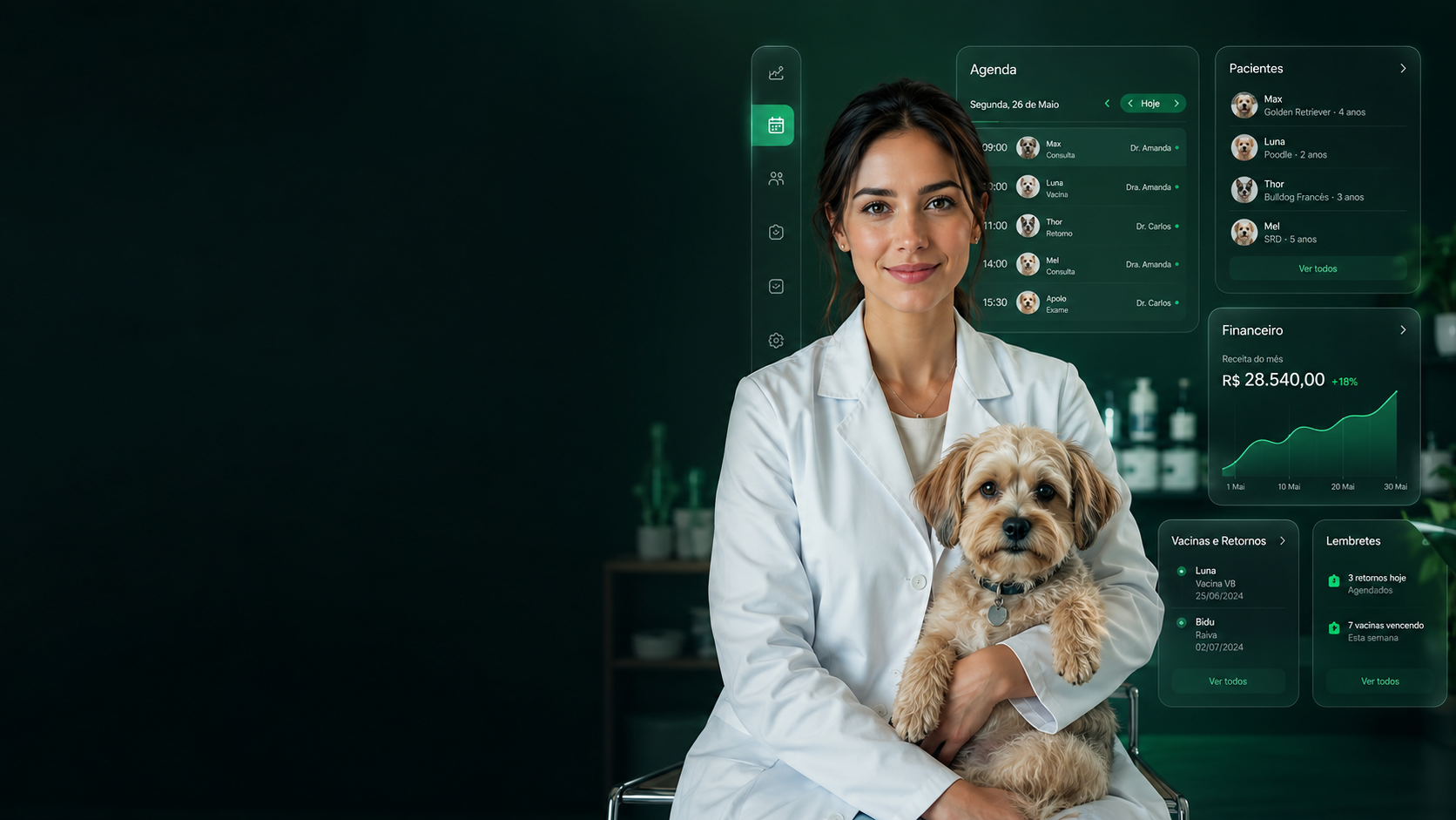 Veterinária segurando pet com interface GoVet ao fundo